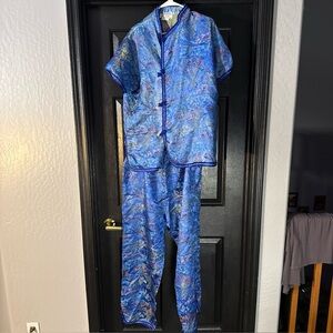 Double Peach Chinese Cheongsam Style Outfit Suit Blue Snap Button Top XXL